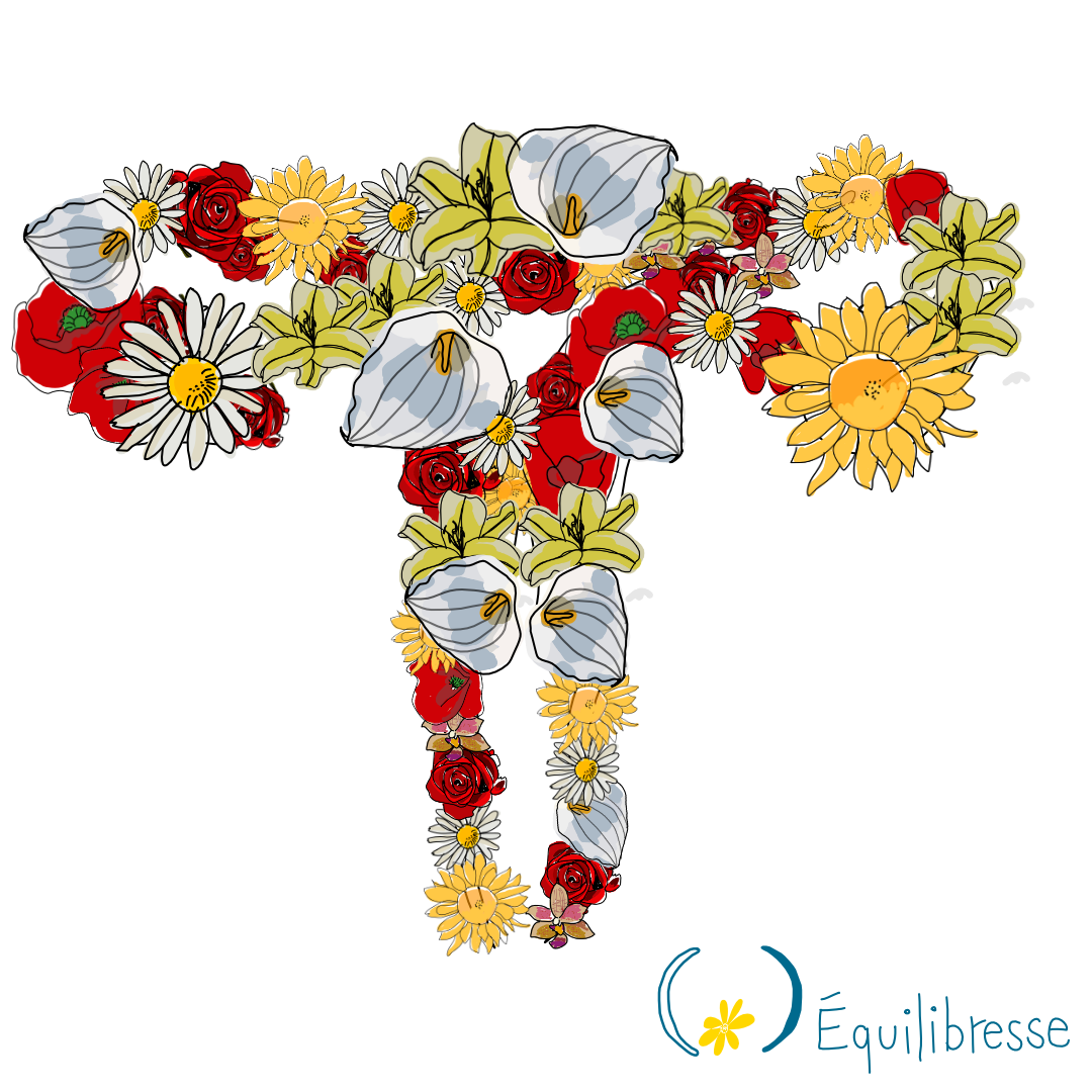 illustration d'un utérus formé par de nombreuses fleurs : roses, orchidées, coquelicots, marguerites, lys, tournesols ...